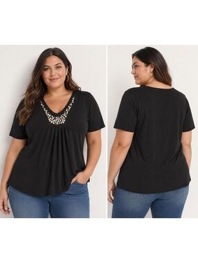Susan Graver Black Embellished V-Neck Short Sleeve Knit Top Women’s 1X Stretch